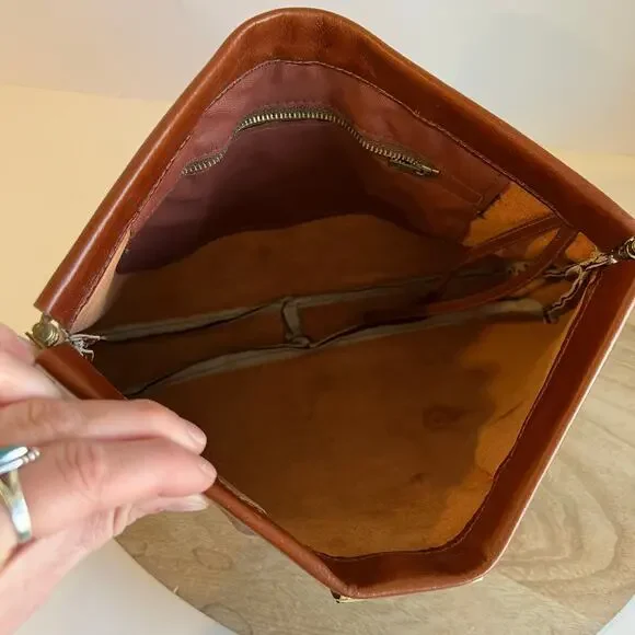 Vintage 90s Tan Genuine Leather Snap Closure Clutch Evening Bag - Picture 8 of 12